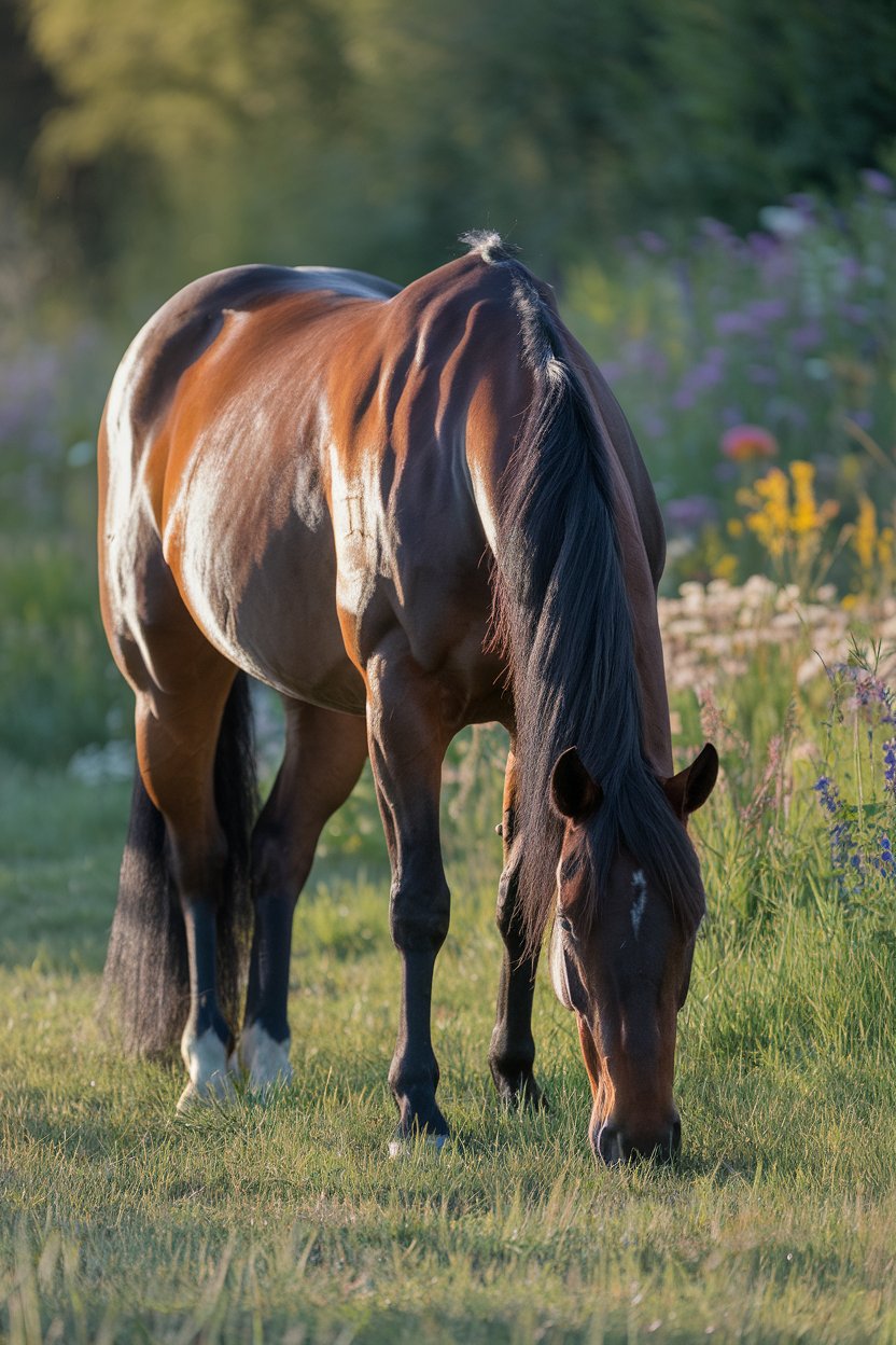 a grazing horse emphasizes the vitality and wellness of the horse