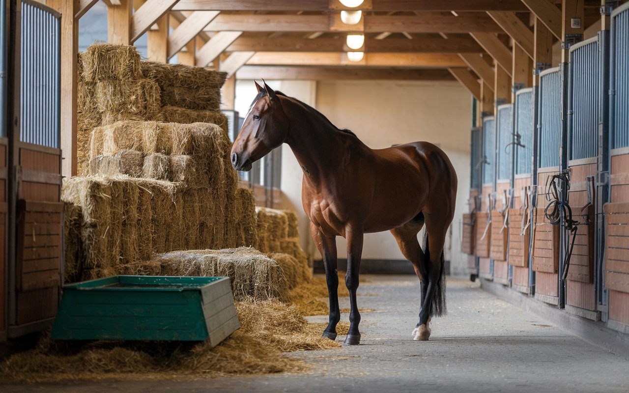 a horse resting in a stable