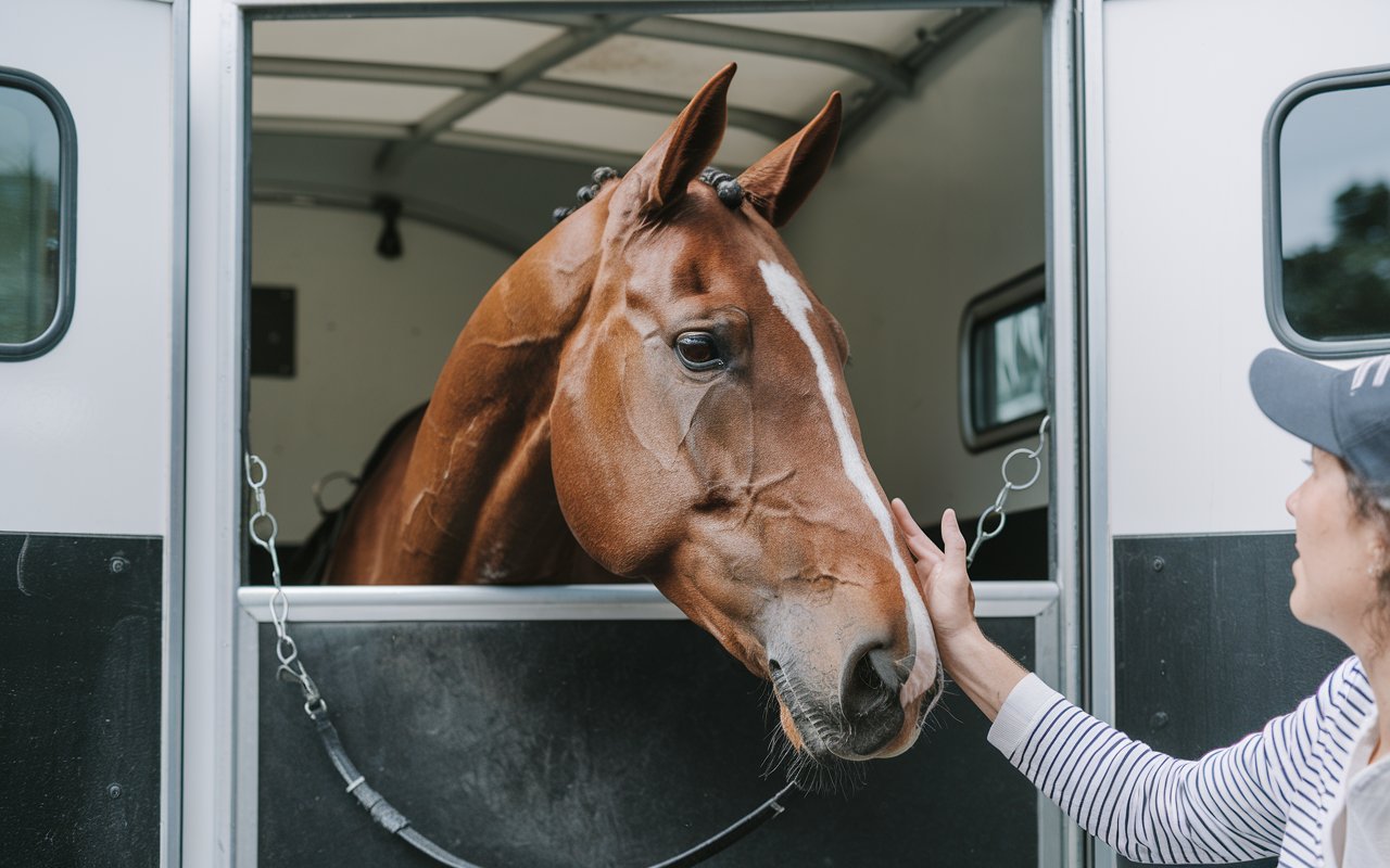 a competition horse in a trailer